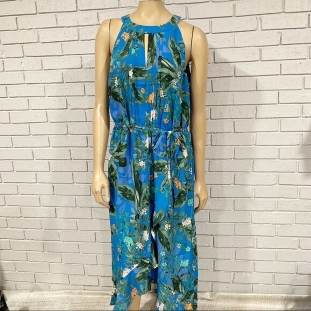 Oasis Blue Tropical Floral Halter High-Low Midi Dress Keyhole Neckline NWT 16